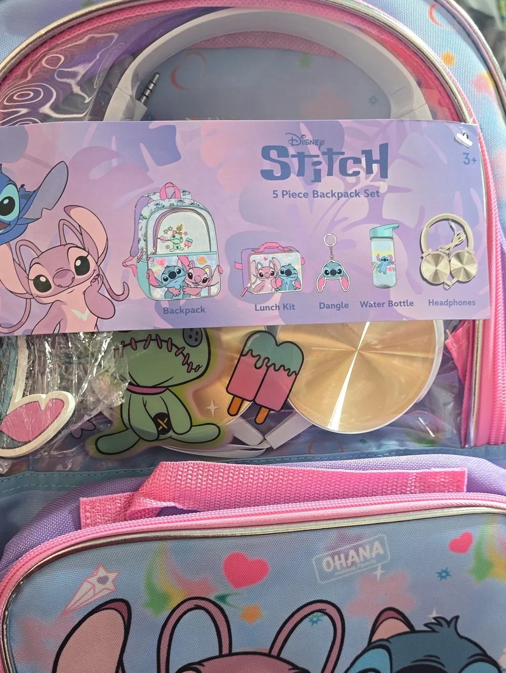Lilo & Stitch Blue Backpack Set with Lunch kit, Headphones and Water Bottle